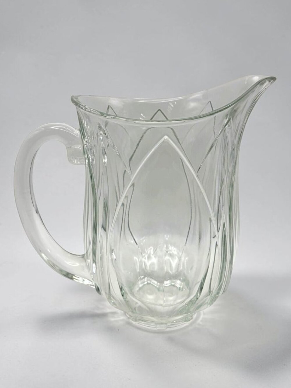 Vintage Clear Glass Water Pitcher Gothic Arch Panel Design 8.25"